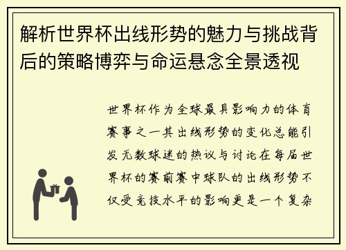 解析世界杯出线形势的魅力与挑战背后的策略博弈与命运悬念全景透视 解析世界杯出线形势的魅力与挑战背后的策略博弈与命运悬念全景透视