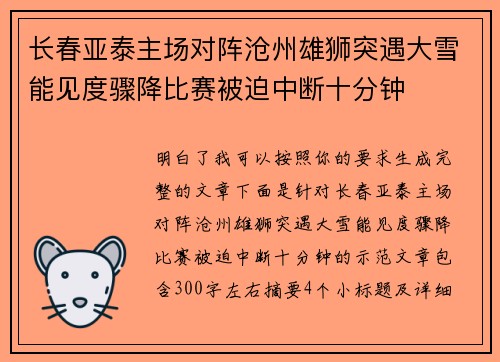 长春亚泰主场对阵沧州雄狮突遇大雪能见度骤降比赛被迫中断十分钟 长春亚泰主场对阵沧州雄狮突遇大雪能见度骤降比赛被迫中断十分钟